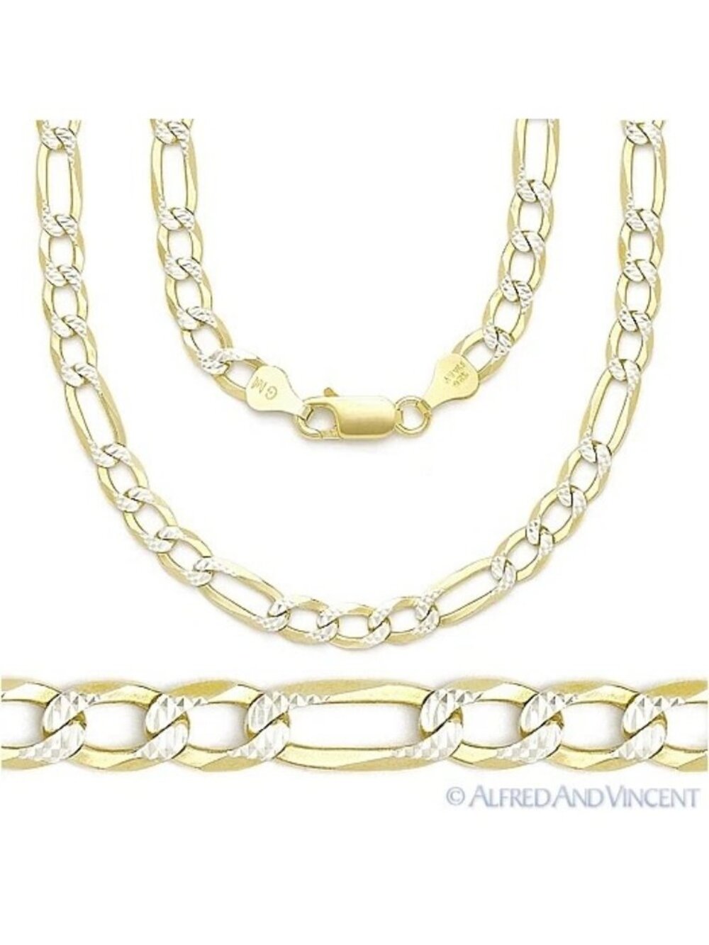 5.7mm Figaro Pave Link 925 Sterling Silver 14k Yellow Gold-Plated Chain Necklace